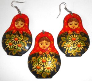 Earrings and pendant: red scarf black floral dress Babooshki s