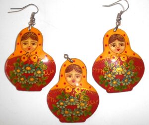 Earrings and pendant: yellow scarf dark red floral dress Babushka Matryoshka Babooshki Babushkas