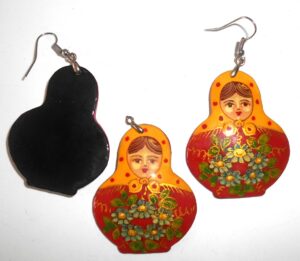 Earrings and pendant: yellow scarf dark red floral dress Babooshki s