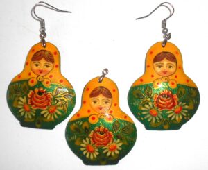 Earrings and pendant: yellow scarf sparkling green floral dress Babushka Matryoshka Babooshki Babushkas