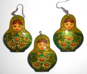 Earrings and pendant: sparkling green floral dress Babushka Matryoshka Babooshki Babushkas