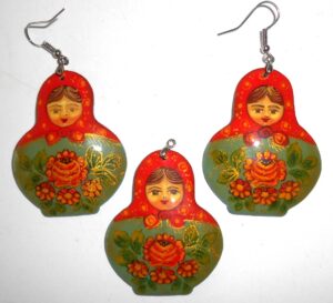 Earrings and pendant: red scarf green floral dress Babushka Matryoshka Babooshki Babushkas