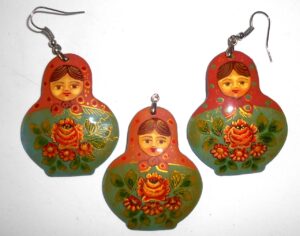 Earrings and pendant: light brown scarf green floral dress Babushka Matryoshka Babooshki Babushkas