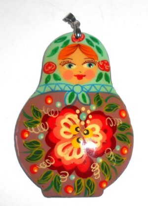 Pendant: cyan scarf light brown floral dress Babushka Matryoshka Babooshki Babushkas