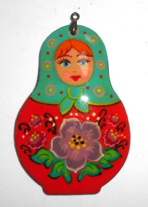 Pendant: cyan scarf red floral dress Babushka Matryoshka Babooshki Babushkas