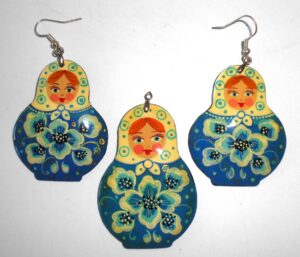 Earrings and pendant: white scarf blue floral dress Babushka Matryoshka Babooshki Babushkas