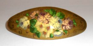 Hair Clip: Flowers on gold oval Babushka Matryoshka Babooshki Babushkas