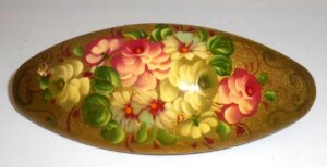 Hair Clip: Flowers on gold oval Babushka Matryoshka Babooshki Babushkas