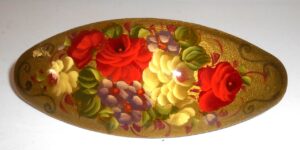 Hair Clip: Flowers on gold oval Babushka Matryoshka Babooshki Babushkas