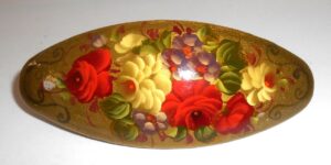 Hair Clip: Flowers on gold oval Babooshki s