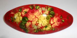 Hair Clip: Flowers on red oval Babushka Matryoshka Babooshki Babushkas