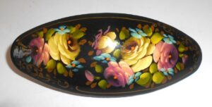 Hair Clip: Flowers on black oval Babushka Matryoshka Babooshki Babushkas