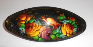Hair Clip: Flowers on black w/bird oval Babushka Matryoshka Babooshki Babushkas