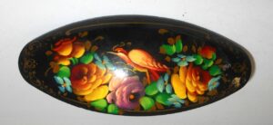 Hair Clip: Flowers on black w/bird oval Babooshki s