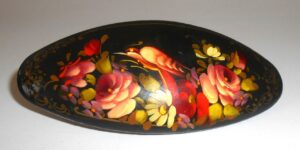 Hair Clip: Flowers on black w/bird oval Babushka Matryoshka Babooshki Babushkas