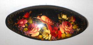 Hair Clip: Flowers on black w/bird oval Babooshki s