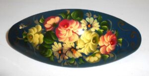 Hair Clip: Flowers on blue oval Babushka Matryoshka Babooshki Babushkas