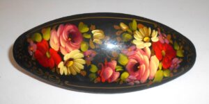 Hair Clip: Flowers on black oval Babushka Matryoshka Babooshki Babushkas