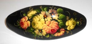 Hair Clip: Flowers on black oval Babushka Matryoshka Babooshki Babushkas