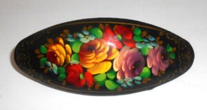 Hair Clip: Flowers on black oval Babushka Matryoshka Babooshki Babushkas