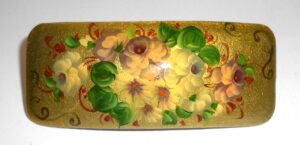 Hair Clip: Flowers on gold rectangle Babushka Matryoshka Babooshki Babushkas