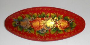 Hair Clip: Flowers on red w/ornament oval Babushka Matryoshka Babooshki Babushkas