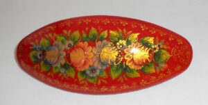 Hair Clip: Flowers on red w/ornament oval Babooshki s