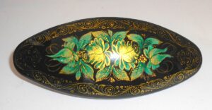 Hair Clip: green Flowers on black w/ornament oval Babushka Matryoshka Babooshki Babushkas