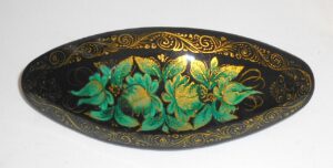 Hair Clip: green Flowers on black w/ornament oval Babooshki s