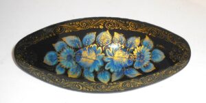 Hair Clip: blue Flowers on black w/ornament oval Babushka Matryoshka Babooshki Babushkas