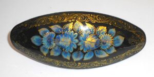 Hair Clip: blue Flowers on black w/ornament oval Babooshki s