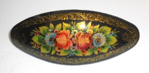 Hair Clip: Flowers on black w/ornament oval Babushka Matryoshka Babooshki Babushkas
