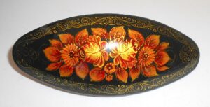 Hair Clip: Flowers on black w/ornament oval Babushka Matryoshka Babooshki Babushkas