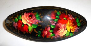 Hair Clip: Flowers on black oval Babushka Matryoshka Babooshki Babushkas