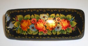 Hair Clip: Flowers on black w/ornament rectangle Babushka Matryoshka Babooshki Babushkas