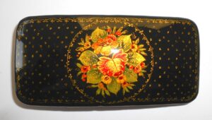 Hair Clip: Flowers on black w/ornament rectangle Babushka Matryoshka Babooshki Babushkas