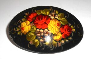 Hair Clip: Flowers on black oval large Babushka Matryoshka Babooshki Babushkas