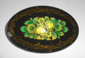 Hair Clip: green Flowers on black w/ornament oval large Babooshki s