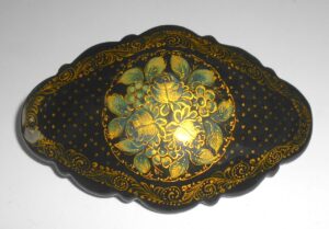 Hair Clip: blue Flowers on black w/ornament fancy Babushka Matryoshka Babooshki Babushkas