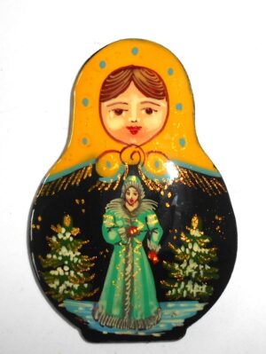 Fridge Magnet: ‘Snow Maiden’ yellow scarf blue dots Babooshki s