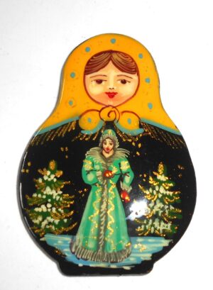 Fridge Magnet: ‘Snow Maiden’ yellow scarf blue dots Babooshki s