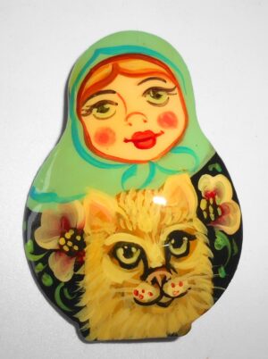 Brooch: Anya with Cat light green scarf Babushka Matryoshka Babooshki Babushkas
