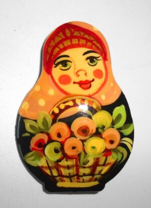 Brooch: Anya with hairdress light orange scarf Babushka Matryoshka Babooshki Babushkas