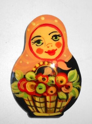 Brooch: Anya with flower basket light orange scarf Babushka Matryoshka Babooshki Babushkas