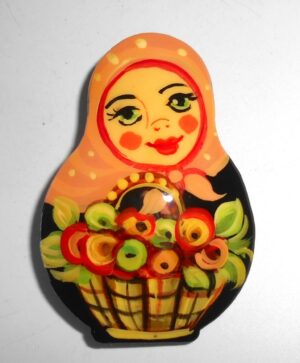 Brooch: Anya with flower basket light orange scarf Babooshki s