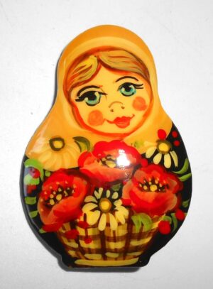 Brooch: Anya with poppies basket yellow scarf Babushka Matryoshka Babooshki Babushkas