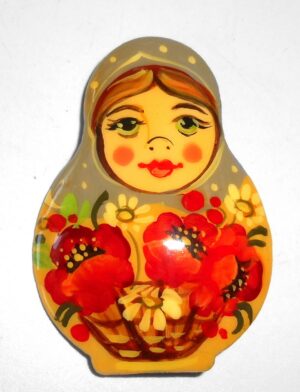Brooch: Anya with poppies light brown scarf Babushka Matryoshka Babooshki Babushkas