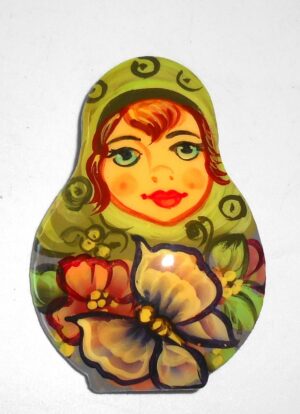 Brooch: Anya with butterfly light green scarf Babushka Matryoshka Babooshki Babushkas