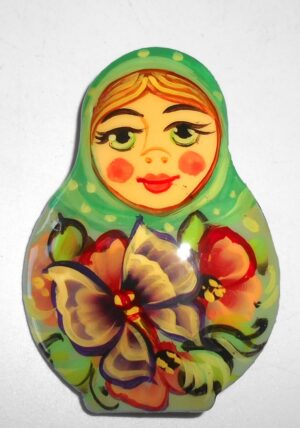 Brooch: Anya with butterfly green scarf Babushka Matryoshka Babooshki Babushkas