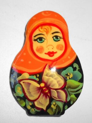 Brooch: Anya with butterfly orange scarf Babushka Matryoshka Babooshki Babushkas